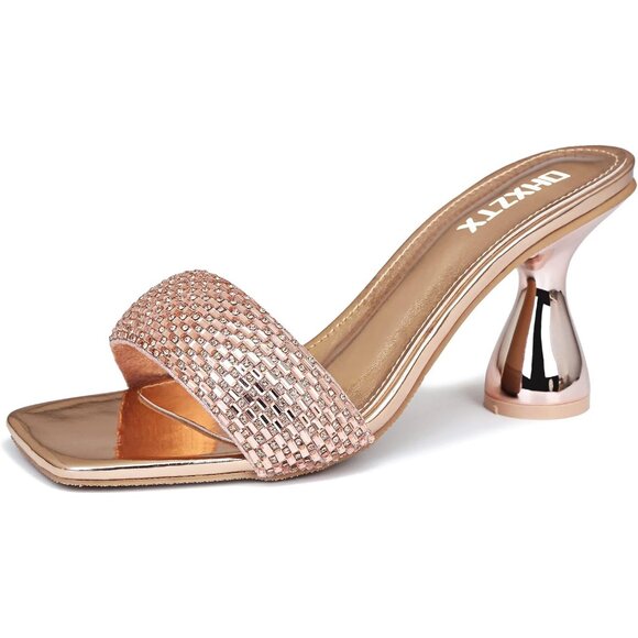 Women's Champagne Rhinestone Chunky Heel Open Toe Slip On Slides Kitten Heels - Picture 1 of 6